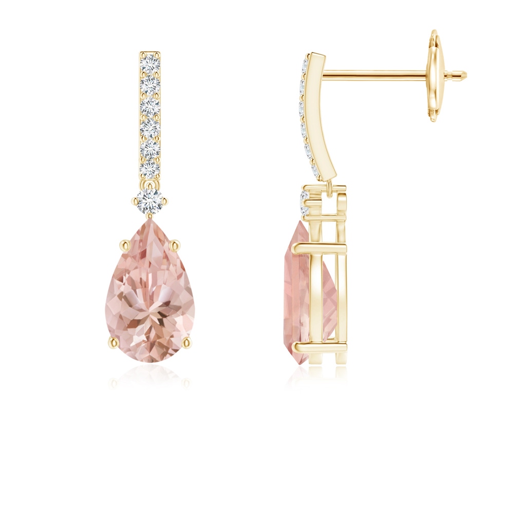 8x5mm AAAA Solitaire Pear Morganite Drop Earrings with Diamonds in Yellow Gold