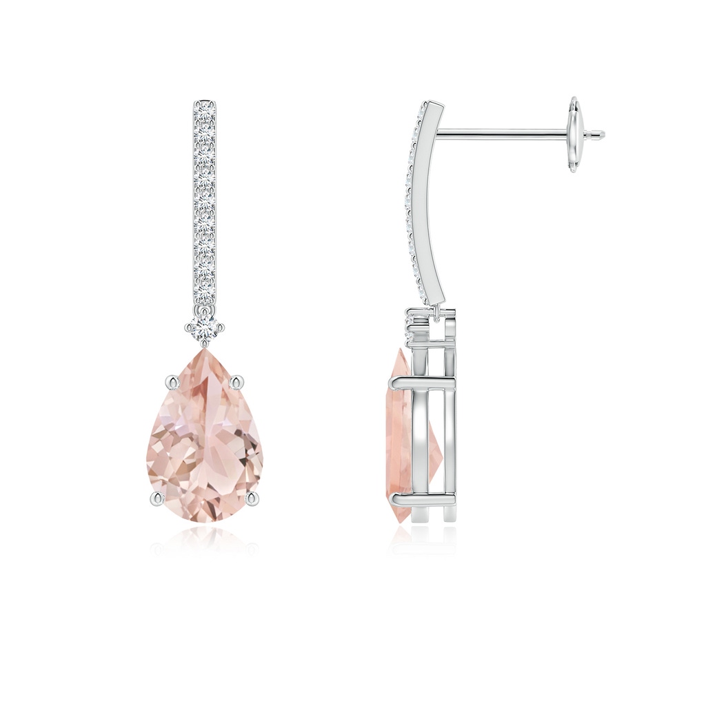 9x6mm AAA Solitaire Pear Morganite Drop Earrings with Diamonds in White Gold