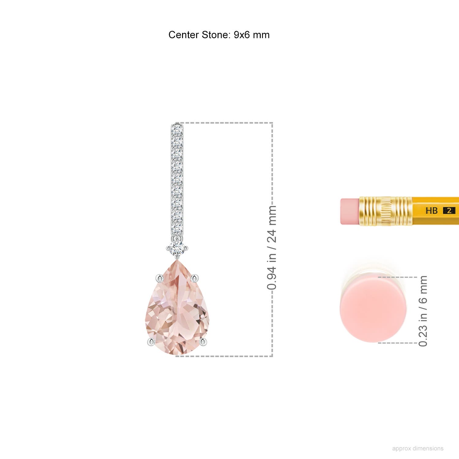 9x6mm AAA Solitaire Pear Morganite Drop Earrings with Diamonds in White Gold - ruler