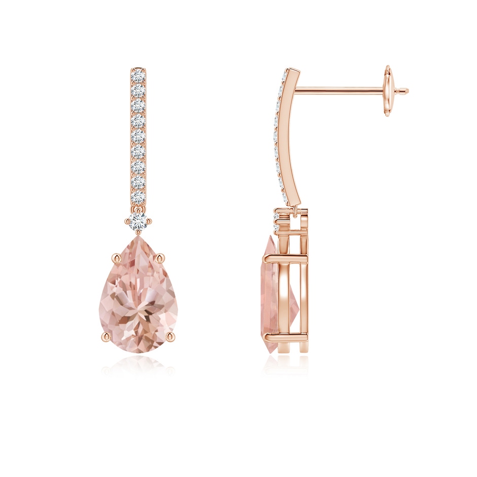 9x6mm AAAA Solitaire Pear Morganite Drop Earrings with Diamonds in 18K Rose Gold 