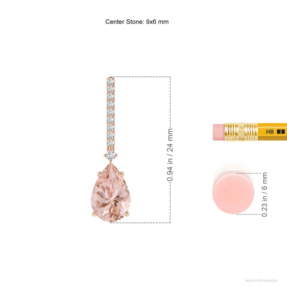 9x6mm AAAA Solitaire Pear Morganite Drop Earrings with Diamonds in 18K Rose Gold ruler