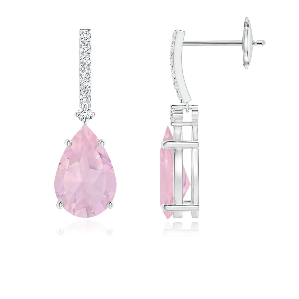 9x6mm AAA Solitaire Pear Rose Quartz Drop Earrings with Diamonds in White Gold