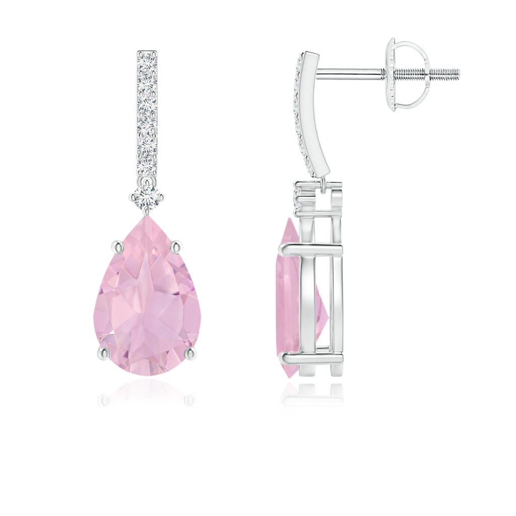 9x6mm AAAA Solitaire Pear Rose Quartz Drop Earrings with Diamonds in P950 Platinum