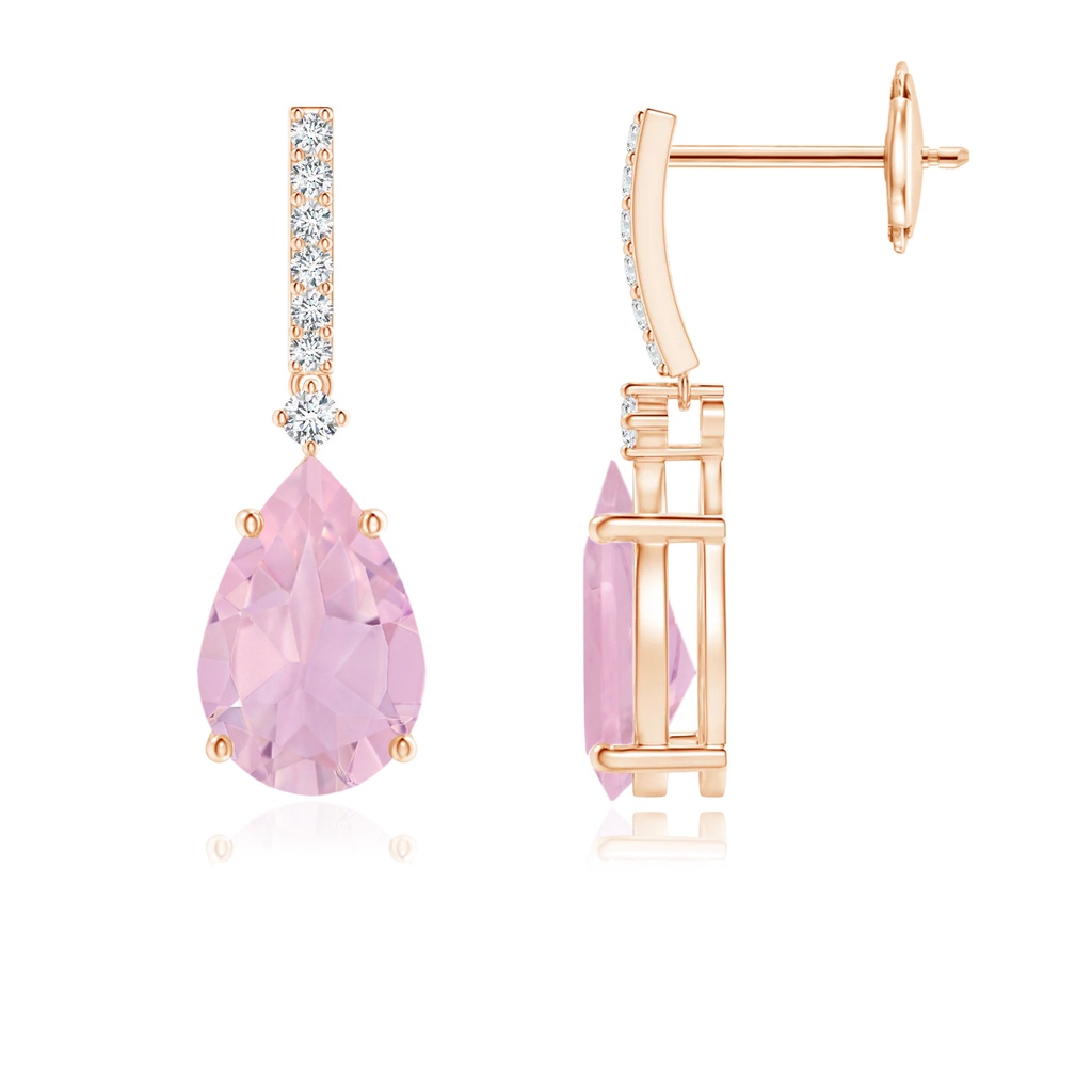 9x6mm AAAA Solitaire Pear Rose Quartz Drop Earrings with Diamonds in Rose Gold