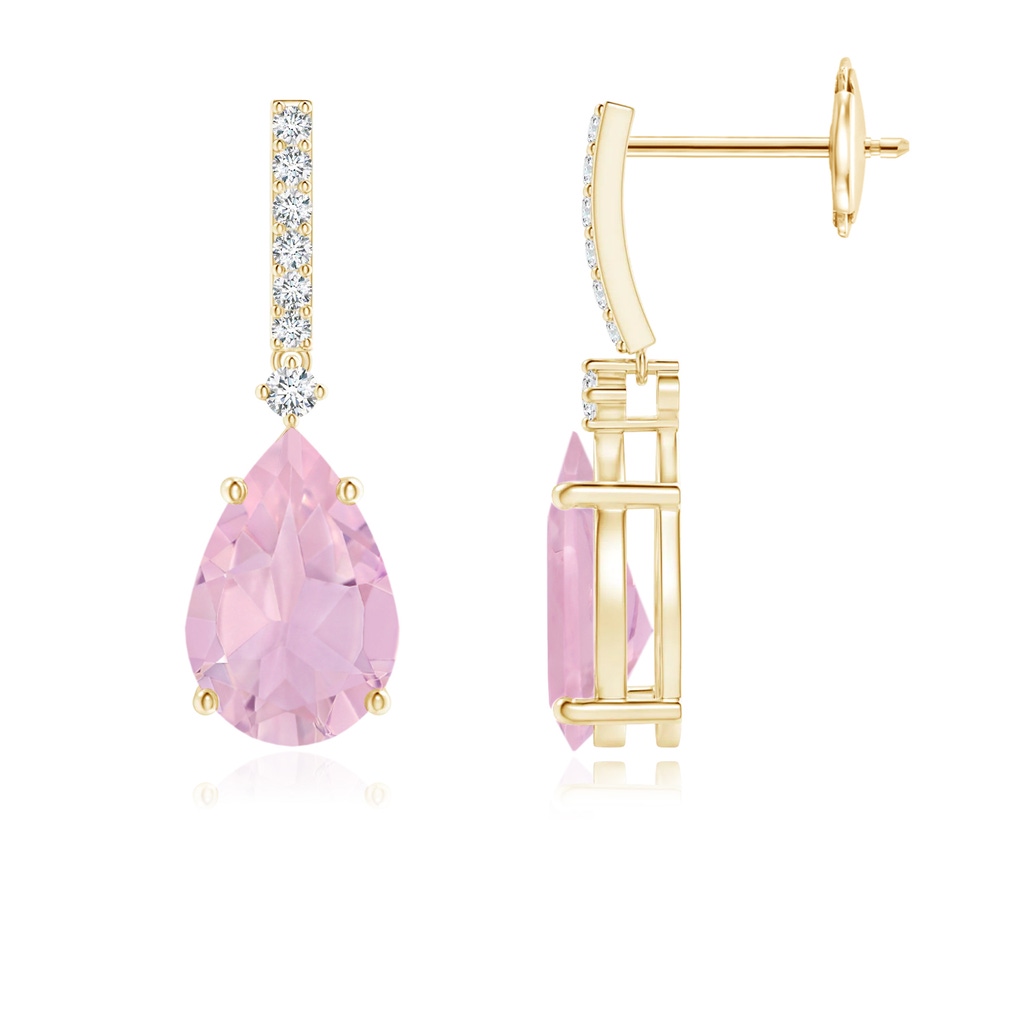 9x6mm AAAA Solitaire Pear Rose Quartz Drop Earrings with Diamonds in Yellow Gold