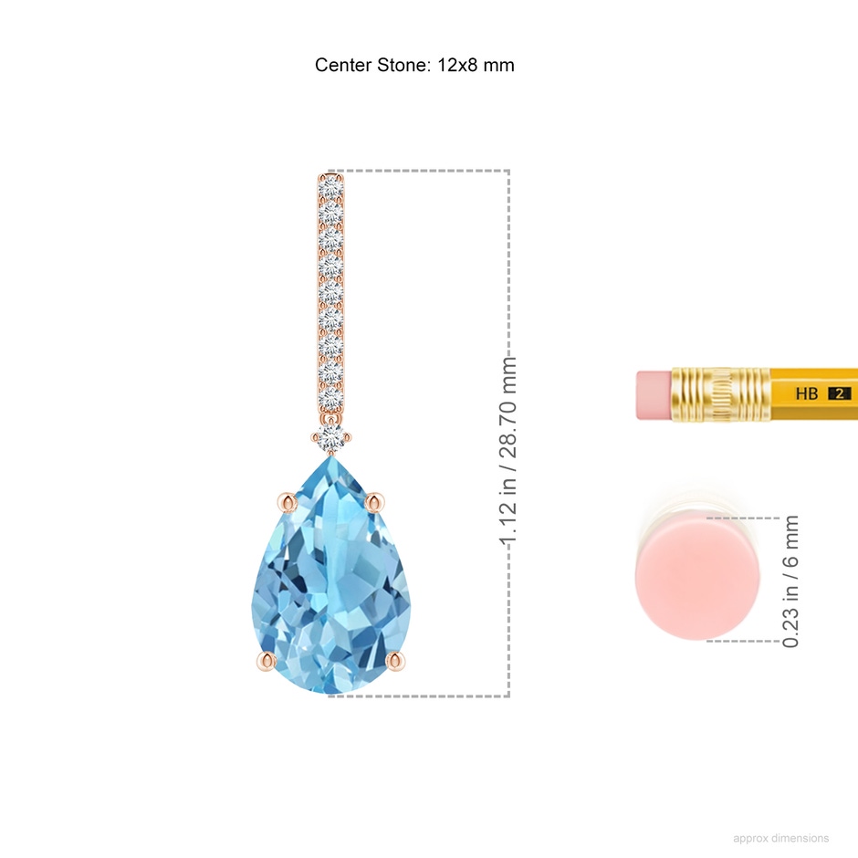 12x8mm A Solitaire Pear Swiss Blue Topaz Drop Earrings with Diamonds in Rose Gold ruler