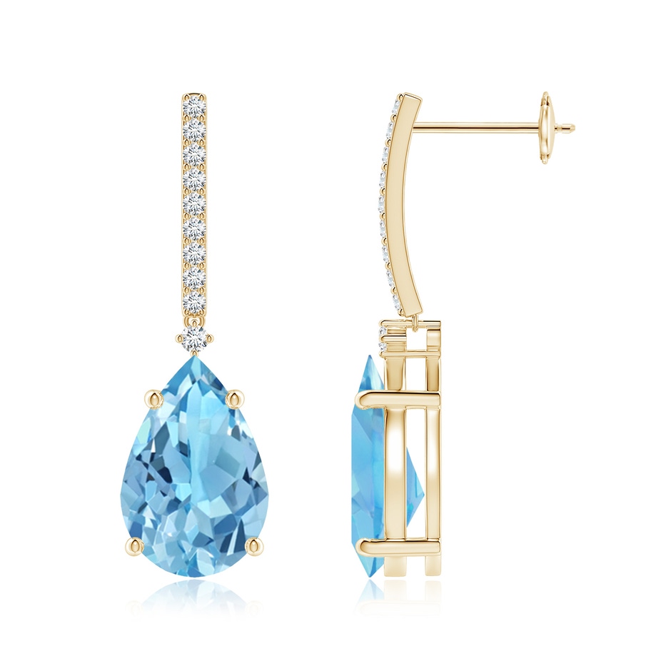 12x8mm A Solitaire Pear Swiss Blue Topaz Drop Earrings with Diamonds in Yellow Gold 