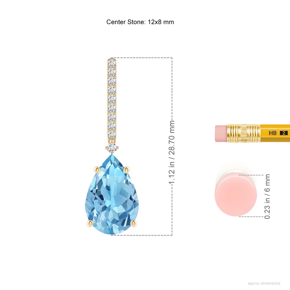 12x8mm A Solitaire Pear Swiss Blue Topaz Drop Earrings with Diamonds in Yellow Gold ruler