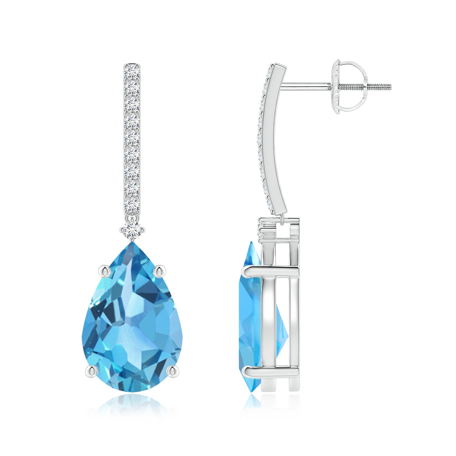 12x8mm AA Solitaire Pear Swiss Blue Topaz Drop Earrings with Diamonds in P950 Platinum