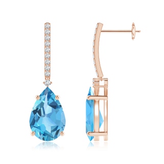 12x8mm AA Solitaire Pear Swiss Blue Topaz Drop Earrings with Diamonds in Rose Gold