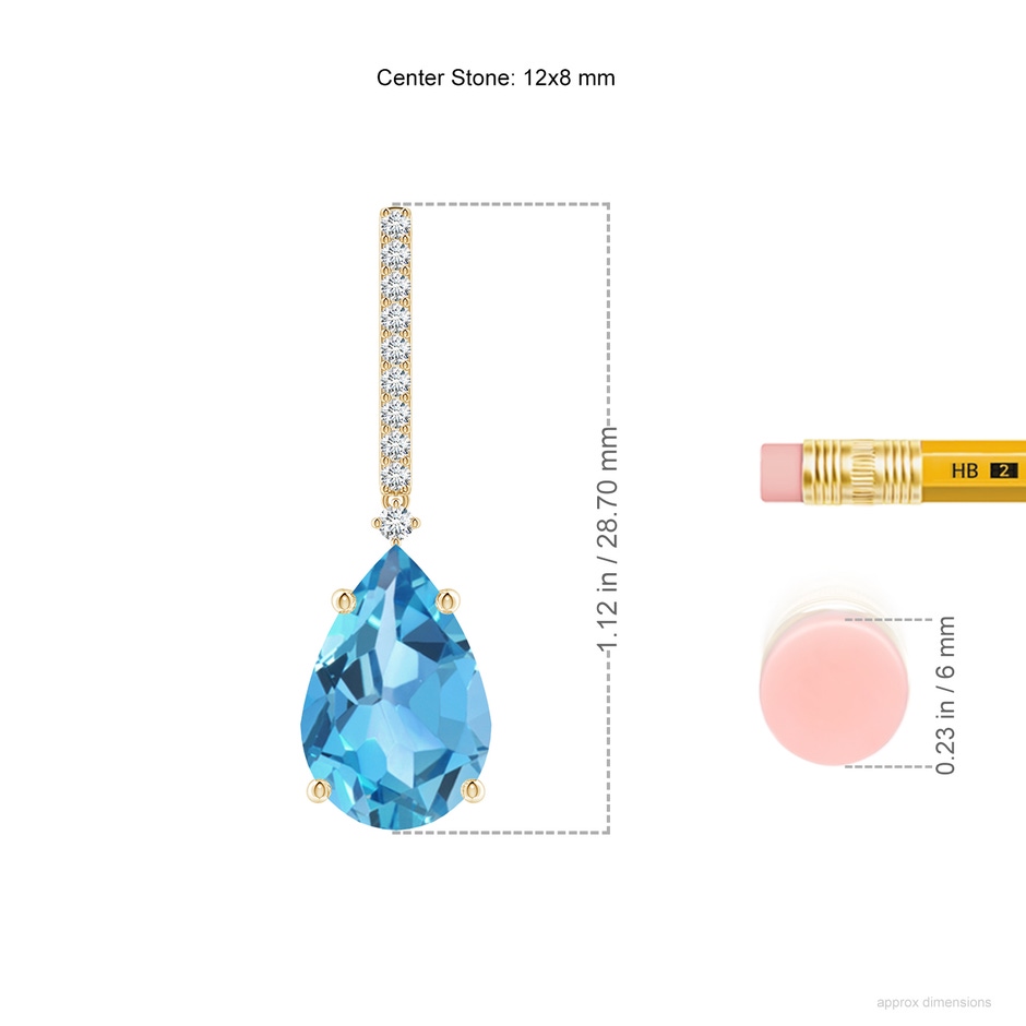 12x8mm AA Solitaire Pear Swiss Blue Topaz Drop Earrings with Diamonds in Yellow Gold ruler