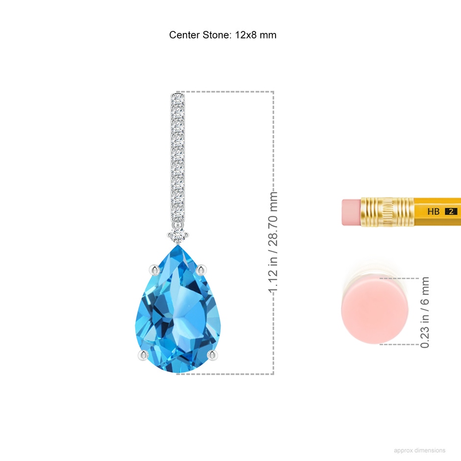 12x8mm AAA Solitaire Pear Swiss Blue Topaz Drop Earrings with Diamonds in P950 Platinum ruler