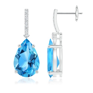 12x8mm AAA Solitaire Pear Swiss Blue Topaz Drop Earrings with Diamonds in White Gold