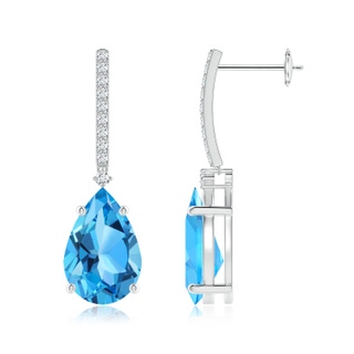 12x8mm AAA Solitaire Pear Swiss Blue Topaz Drop Earrings with Diamonds in White Gold