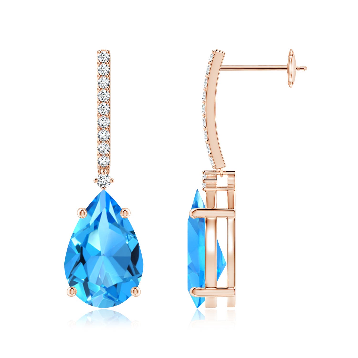 12x8mm AAAA Solitaire Pear Swiss Blue Topaz Drop Earrings with Diamonds in 18K Rose Gold