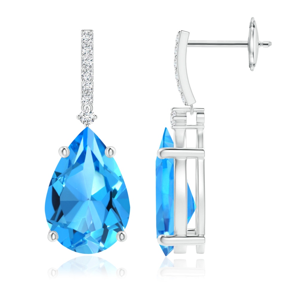 12x8mm AAAA Solitaire Pear Swiss Blue Topaz Drop Earrings with Diamonds in White Gold