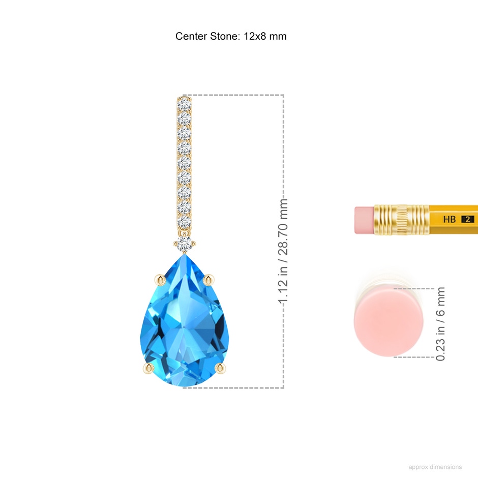 12x8mm AAAA Solitaire Pear Swiss Blue Topaz Drop Earrings with Diamonds in Yellow Gold ruler