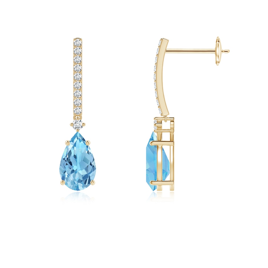 8x5mm A Solitaire Pear Swiss Blue Topaz Drop Earrings with Diamonds in 9K Yellow Gold 