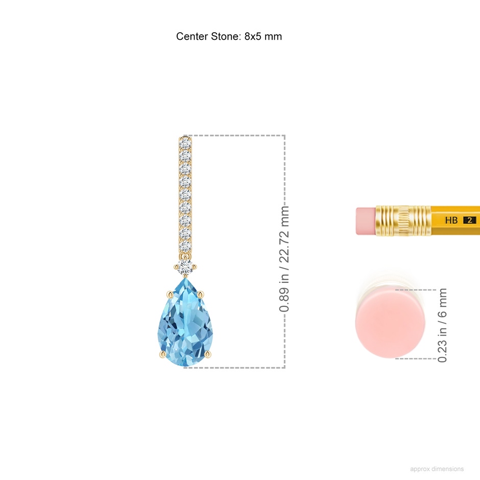 8x5mm A Solitaire Pear Swiss Blue Topaz Drop Earrings with Diamonds in 9K Yellow Gold ruler
