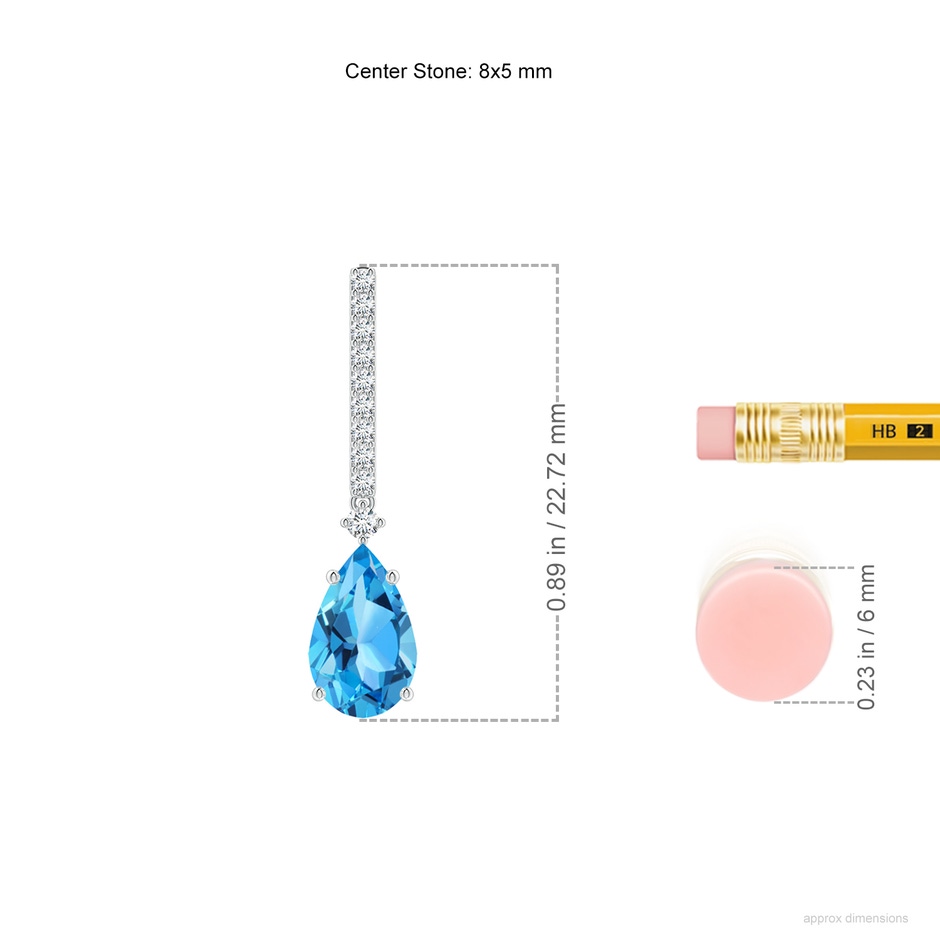 8x5mm AAA Solitaire Pear Swiss Blue Topaz Drop Earrings with Diamonds in P950 Platinum ruler