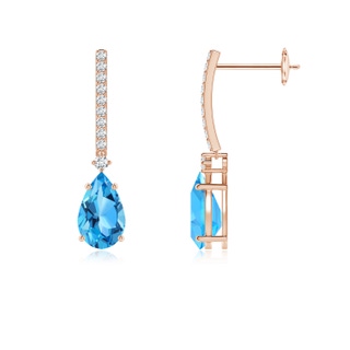 8x5mm AAA Solitaire Pear Swiss Blue Topaz Drop Earrings with Diamonds in Rose Gold