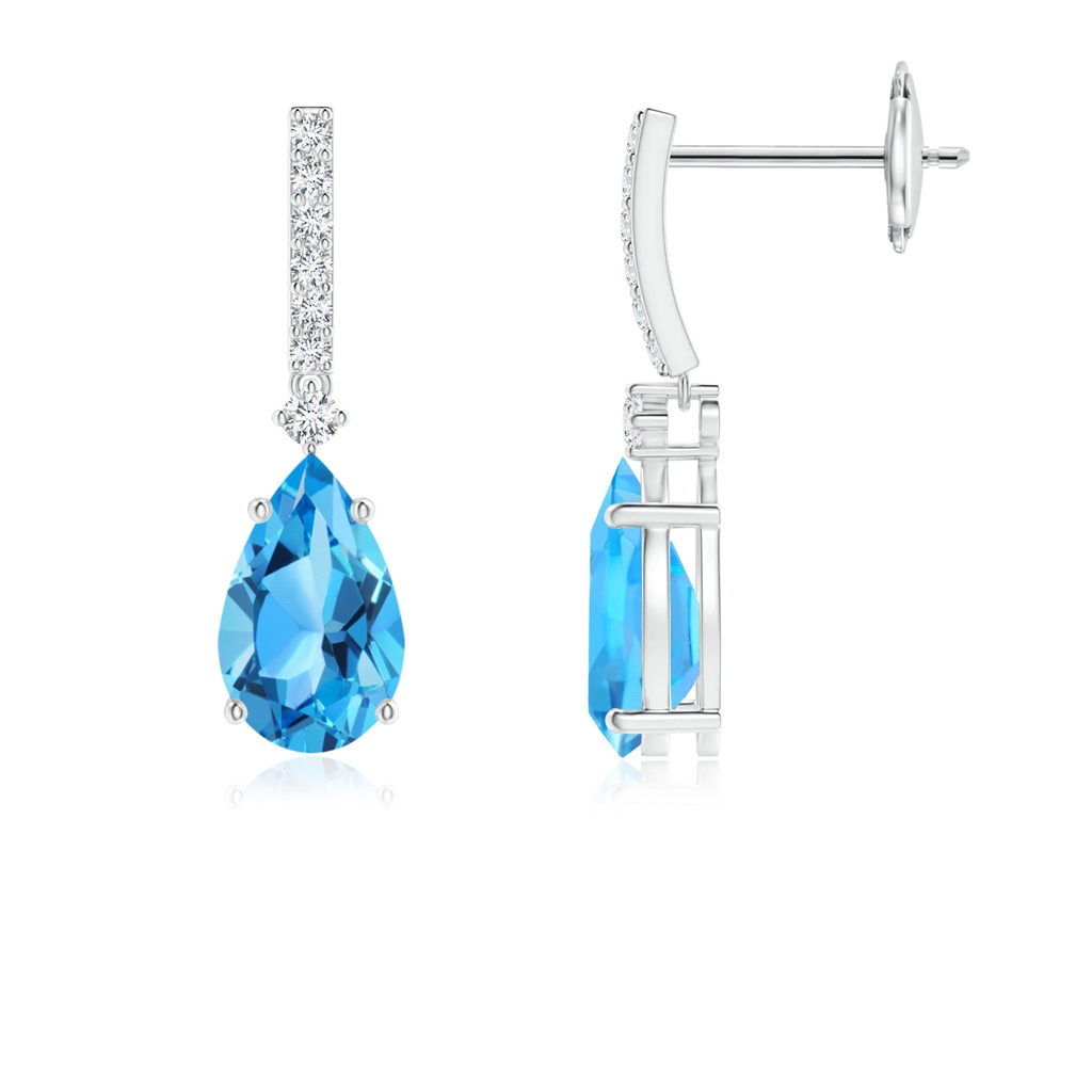 8x5mm AAA Solitaire Pear Swiss Blue Topaz Drop Earrings with Diamonds in White Gold