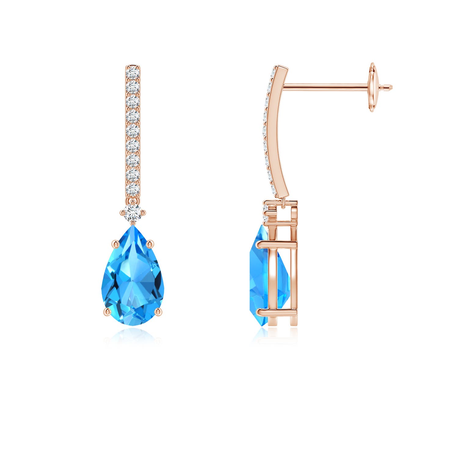 8x5mm AAAA Solitaire Pear Swiss Blue Topaz Drop Earrings with Diamonds in 18CT Rose Gold