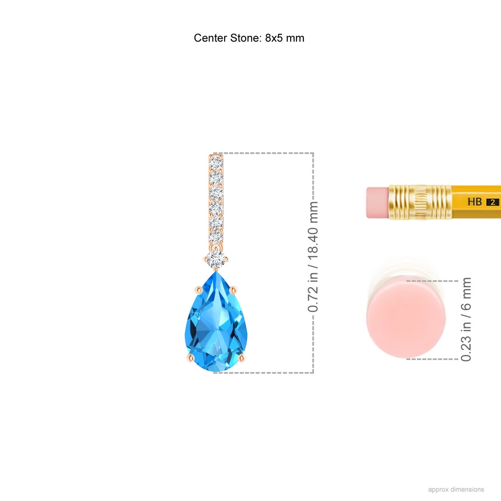 8x5mm AAAA Solitaire Pear Swiss Blue Topaz Drop Earrings with Diamonds in 9K Rose Gold ruler