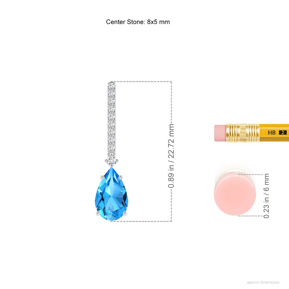8x5mm AAAA Solitaire Pear Swiss Blue Topaz Drop Earrings with Diamonds in White Gold ruler