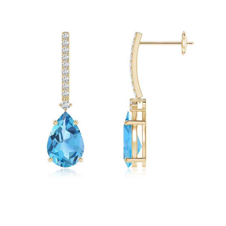 9x6mm AA Solitaire Pear Swiss Blue Topaz Drop Earrings with Diamonds in Yellow Gold 
