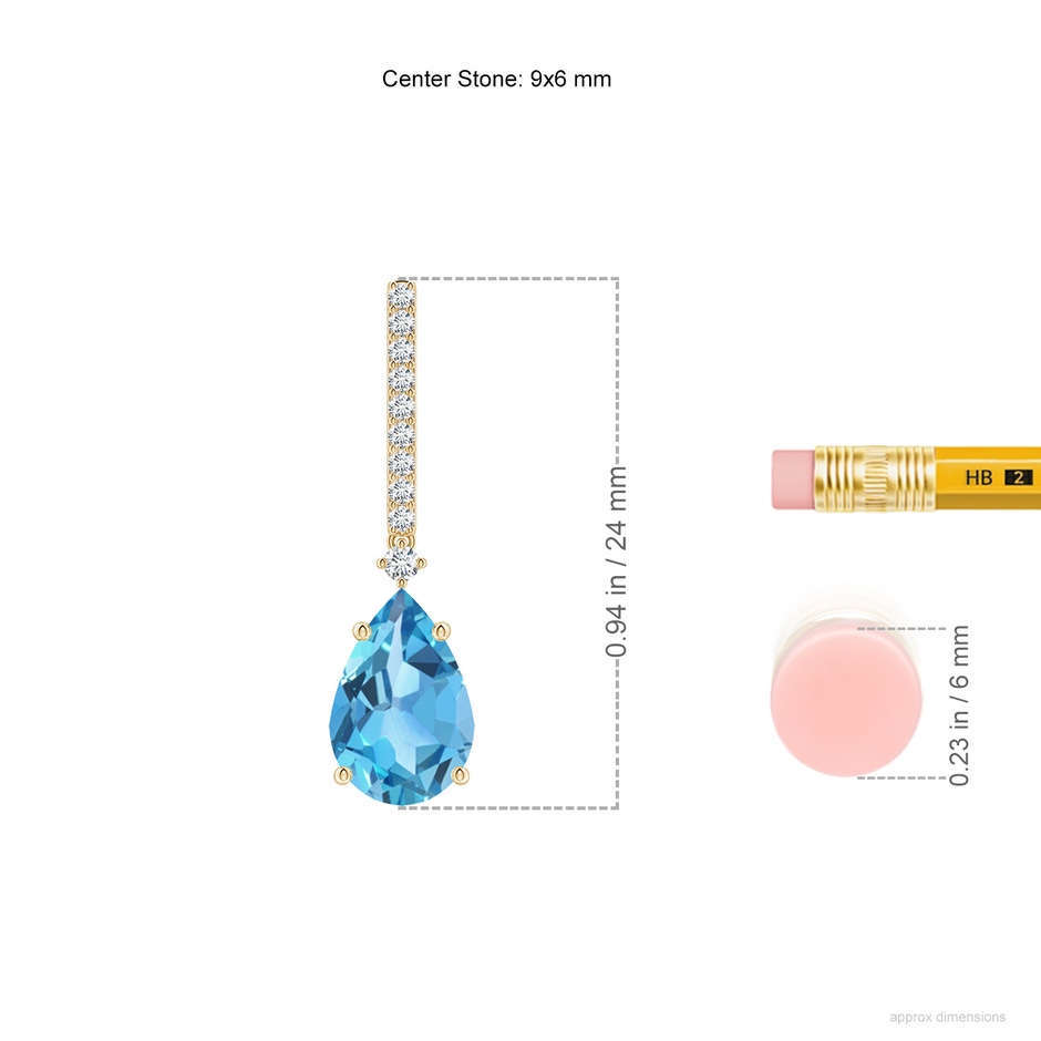 9x6mm AA Solitaire Pear Swiss Blue Topaz Drop Earrings with Diamonds in Yellow Gold ruler