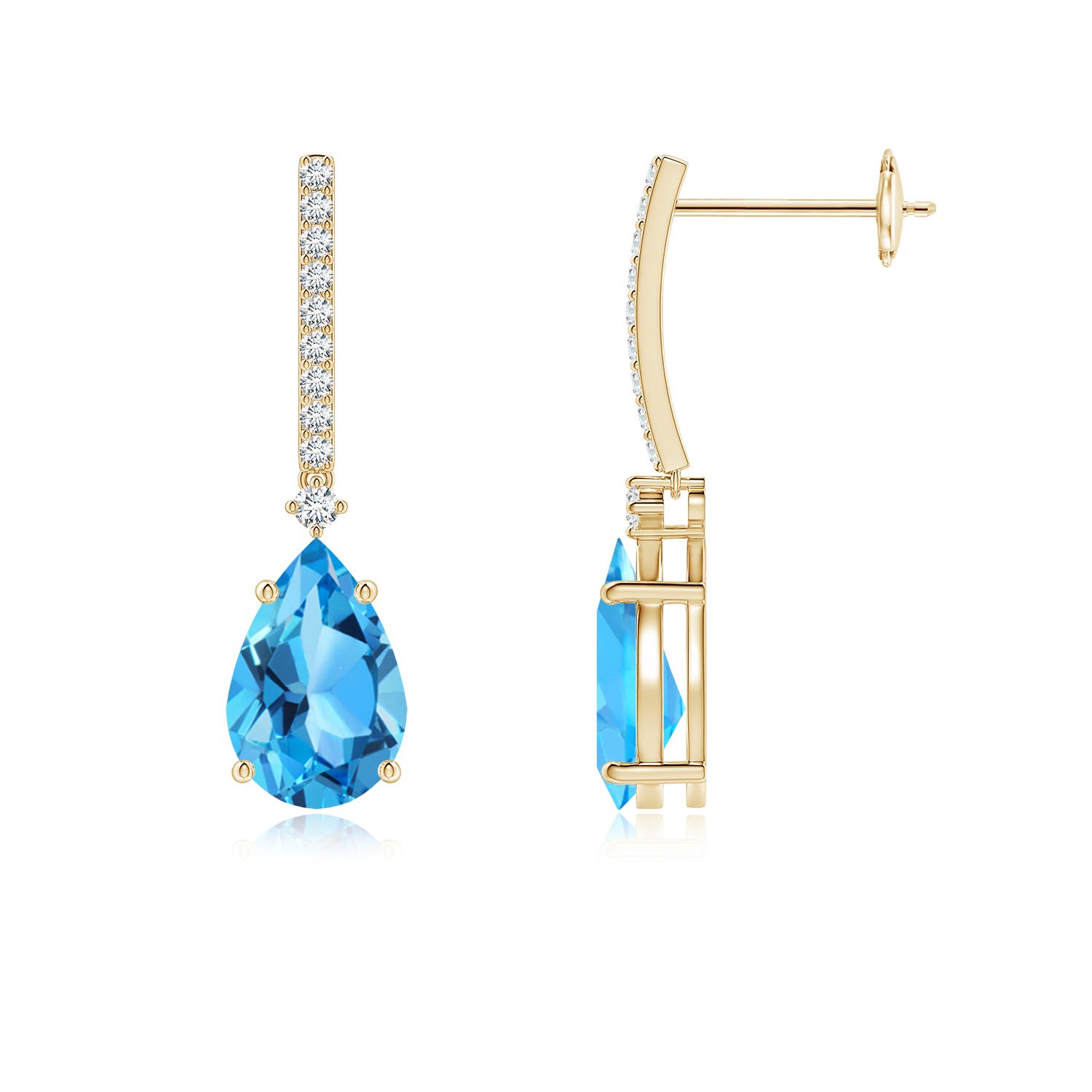 9x6mm AAA Solitaire Pear Swiss Blue Topaz Drop Earrings with Diamonds in 18CT Yellow Gold