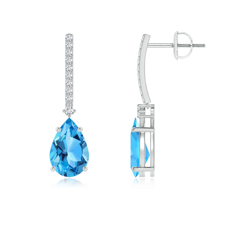 9x6mm AAA Solitaire Pear Swiss Blue Topaz Drop Earrings with Diamonds in P950 Platinum 