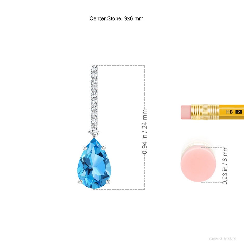 9x6mm AAA Solitaire Pear Swiss Blue Topaz Drop Earrings with Diamonds in P950 Platinum ruler
