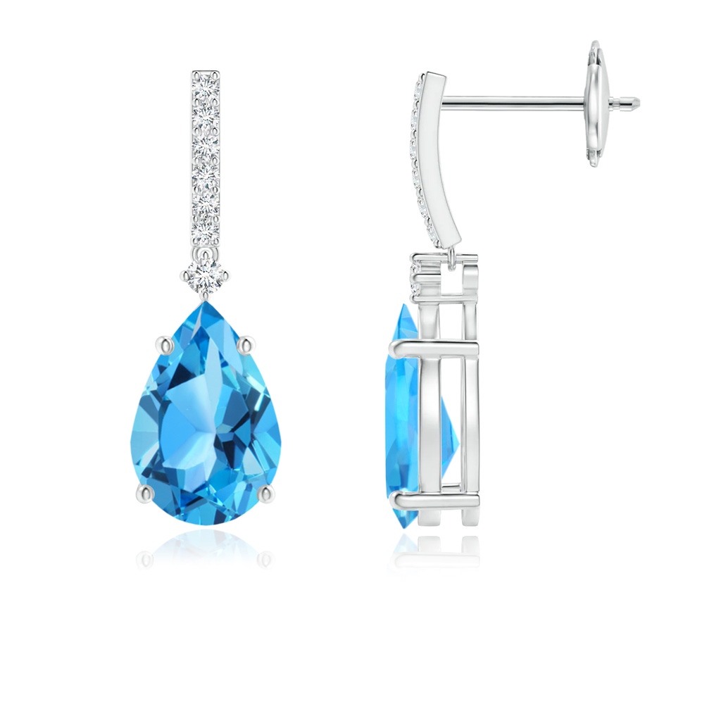 9x6mm AAA Solitaire Pear Swiss Blue Topaz Drop Earrings with Diamonds in White Gold