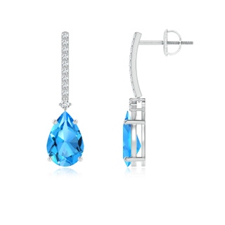 9x6mm AAAA Solitaire Pear Swiss Blue Topaz Drop Earrings with Diamonds in P950 Platinum