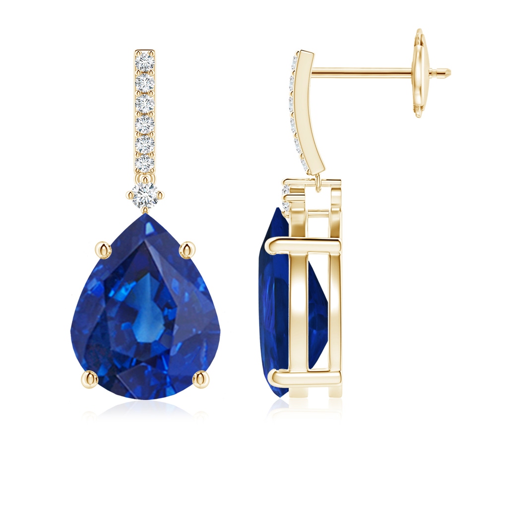 10x8mm AAA Pear-Shaped Blue Sapphire Drop Earrings with Accents in Yellow Gold