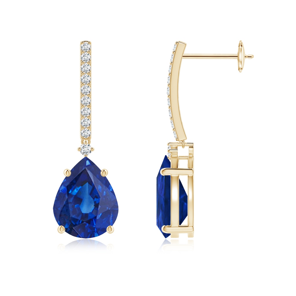 10x8mm AAA Pear-Shaped Blue Sapphire Drop Earrings with Accents in Yellow Gold