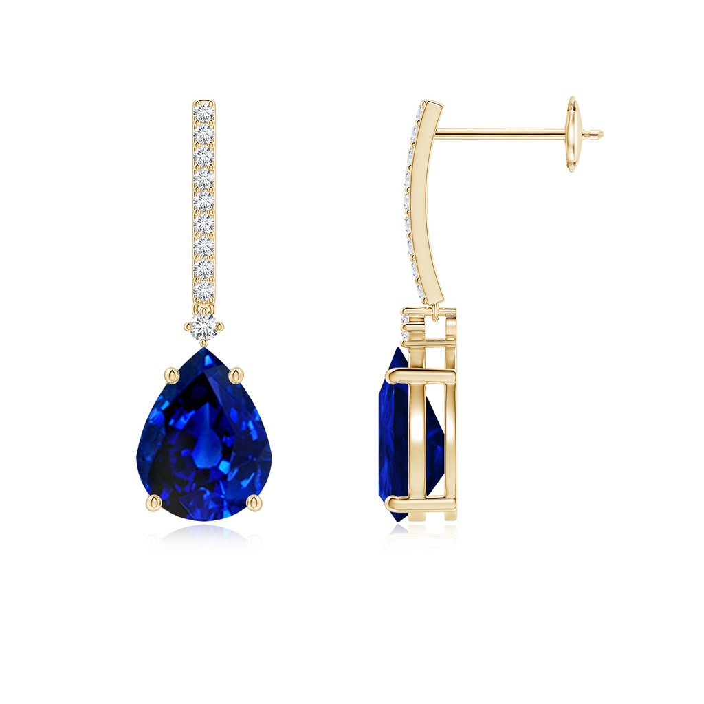 9x7mm Lab-Grown Pear-Shaped Blue Sapphire Drop Earrings with Accents in Yellow Gold