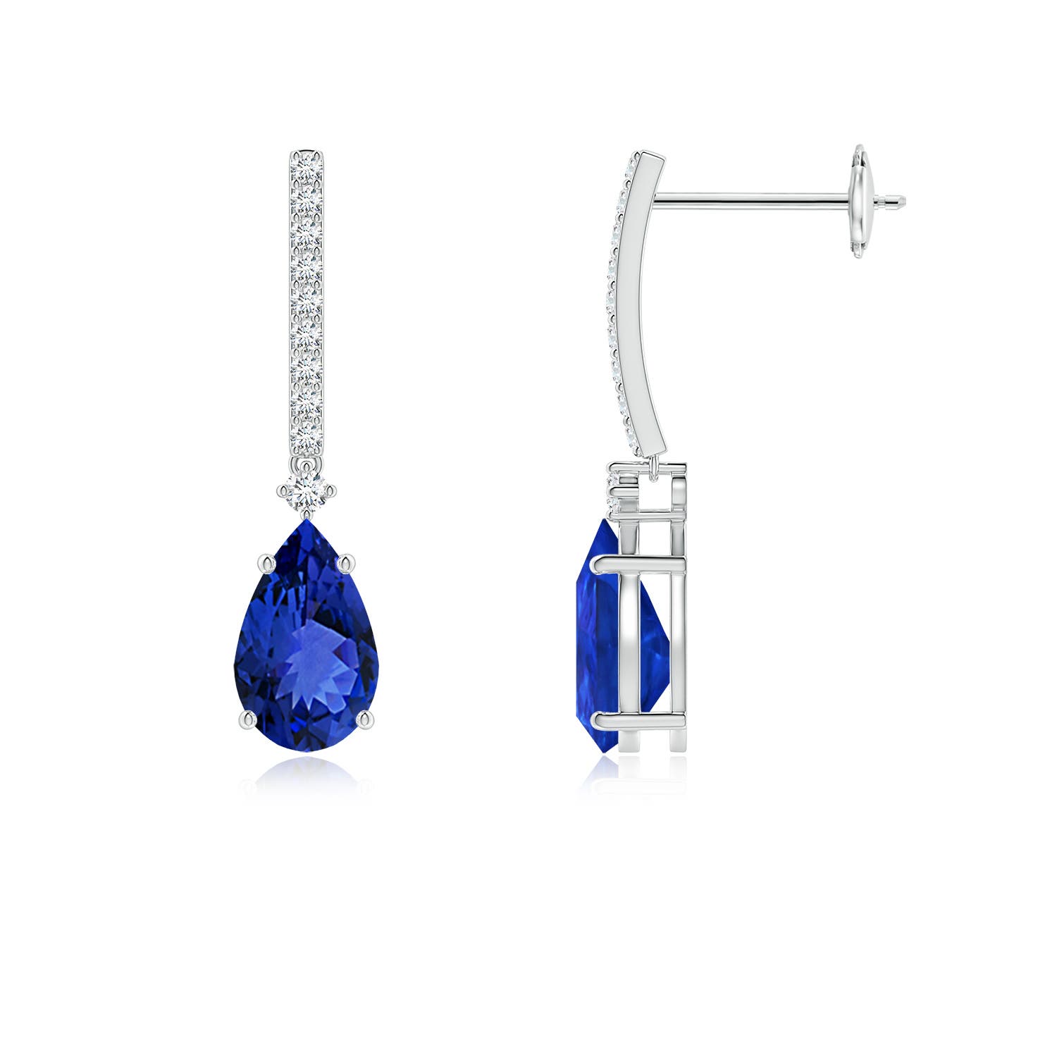 8x5mm AAA Solitaire Pear Tanzanite Drop Earrings with Diamonds in 18K White Gold