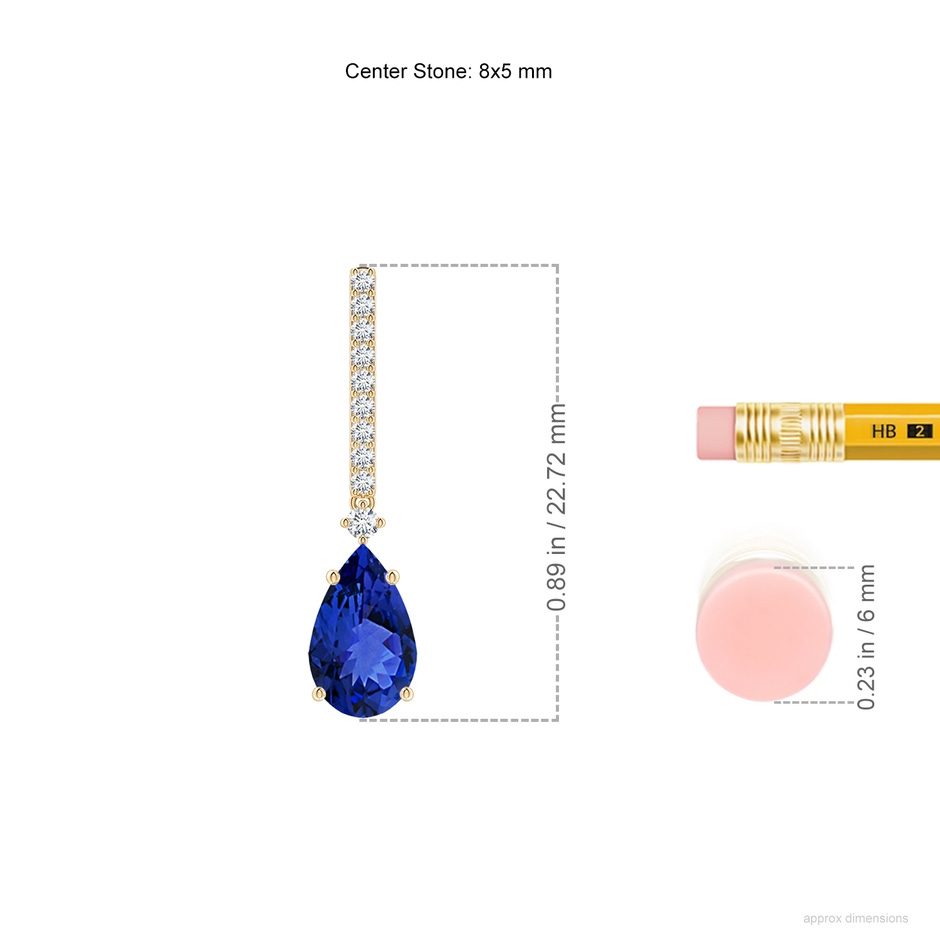 8x5mm AAA Solitaire Pear Tanzanite Drop Earrings with Diamonds in Yellow Gold ruler