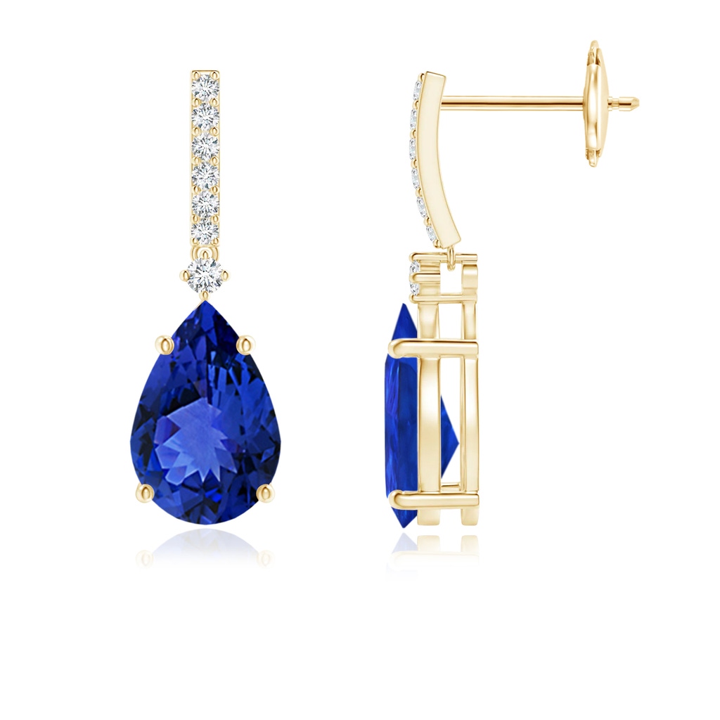9x6mm AAA Solitaire Pear Tanzanite Drop Earrings with Diamonds in Yellow Gold