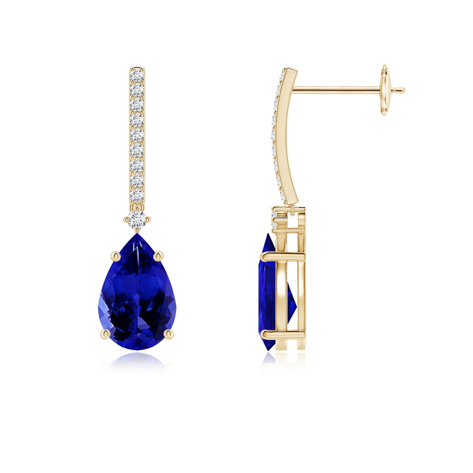 9x6mm AAAA Solitaire Pear Tanzanite Drop Earrings with Diamonds in Yellow Gold 