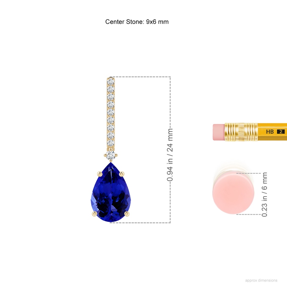 9x6mm AAAA Solitaire Pear Tanzanite Drop Earrings with Diamonds in Yellow Gold ruler