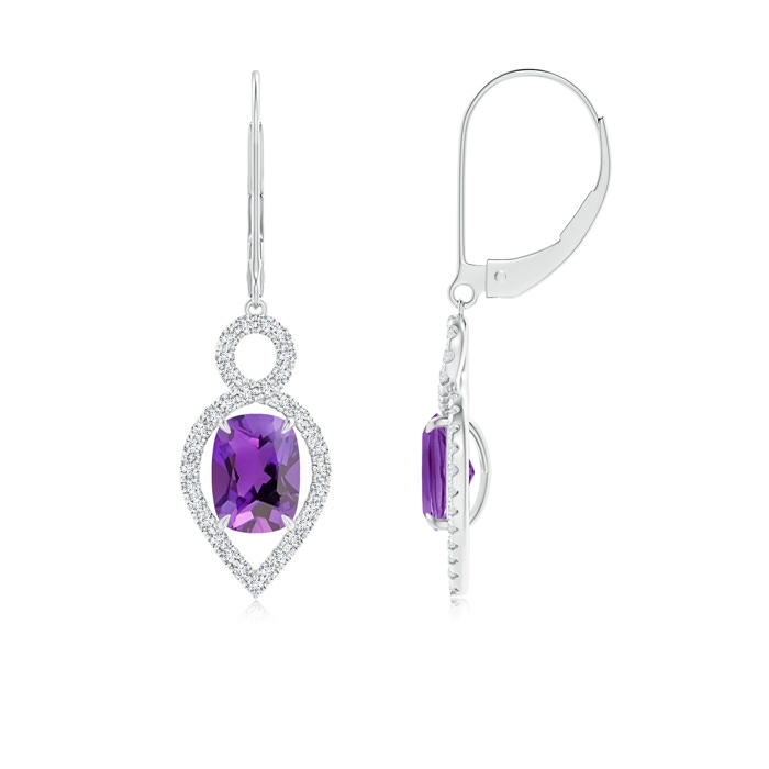 7x5mm AAA Cushion Amethyst Infinity Drop Earrings with Diamonds in White Gold