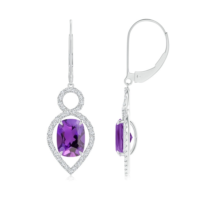 8x6mm AAA Cushion Amethyst Infinity Drop Earrings with Diamonds in White Gold