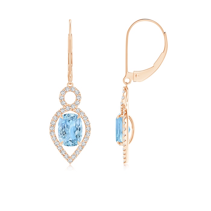 7x5mm AAAA Cushion Aquamarine Infinity Drop Earrings with Diamonds in Rose Gold