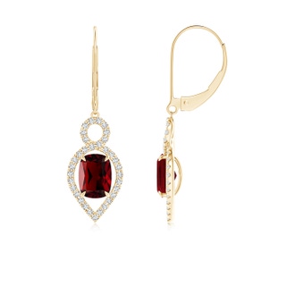 7x5mm AAAA Cushion Garnet Infinity Drop Earrings with Diamonds in Yellow Gold