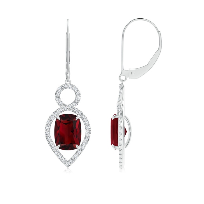 8x6mm AAA Cushion Garnet Infinity Drop Earrings with Diamonds in White Gold