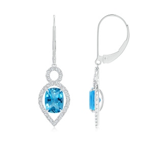 7x5mm AAAA Cushion Swiss Blue Topaz Infinity Drop Earrings with Diamonds in White Gold